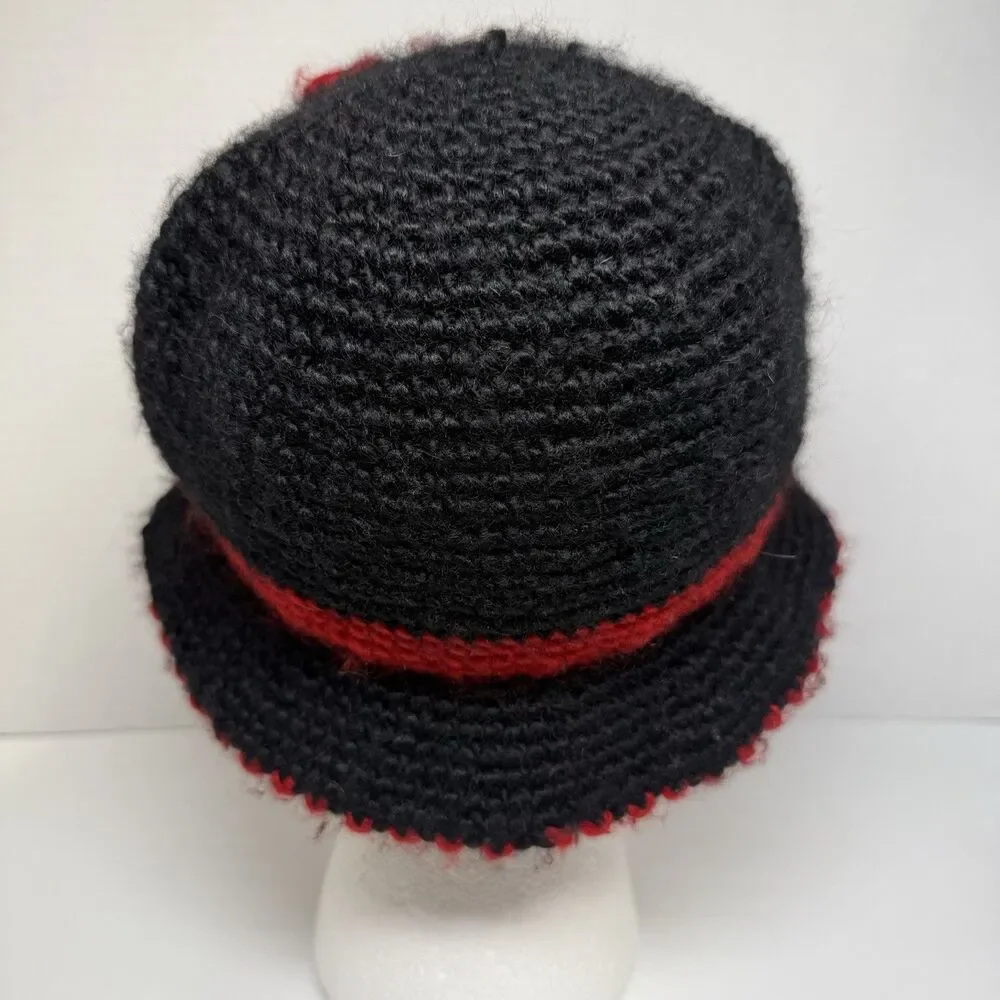 Vintage Black And Red Crocheted Embellishment Hat With Top Dog Removable Brooch - Picture 3 of 7
